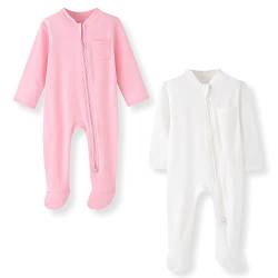 BINIDUCKLING Baby-Jungen Mädchen Schlafanzug - 2-Wege-Reißverschluss, Baumwolle, mit Füßen, 2er-Pack - Baby Schlafstrampler für Neugborene 0-3 Monate, Rosa&Cream-Weiß von BINIDUCKLING