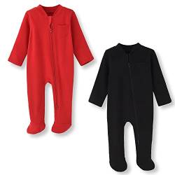 BINIDUCKLING Baby-Jungen Mädchen Schlafanzug - 2-Wege-Reißverschluss, Baumwolle, mit Füßen, 2er-Pack - Baby Schlafstrampler für Neugborene 0-3 Monate, Rot&Schwarz von BINIDUCKLING