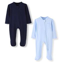 BINIDUCKLING Baby-Jungen Mädchen Schlafanzug - 2-Wege-Reißverschluss, Baumwolle, mit Füßen, 2er-Pack - Baby Schlafstrampler für Neugborene 3-6 Monate, Marine Blau&Hell Blau von BINIDUCKLING