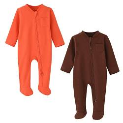 BINIDUCKLING Baby-Jungen Mädchen Schlafanzug - 2-Wege-Reißverschluss, Baumwolle, mit Füßen, 2er-Pack - Baby Schlafstrampler für Neugborene 3-6 Monate, Orange&Braun von BINIDUCKLING