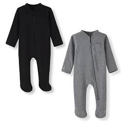 BINIDUCKLING Baby-Jungen Mädchen Schlafanzug - 2-Wege-Reißverschluss, Baumwolle, mit Füßen, 2er-Pack - Baby Schlafstrampler für Neugborene 3-6 Monate, Schwarz&Grau von BINIDUCKLING