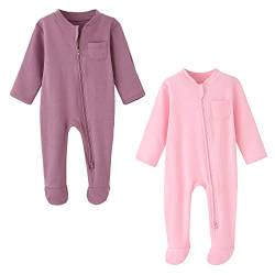 BINIDUCKLING Baby-Jungen Mädchen Schlafanzug - 2-Wege-Reißverschluss, Baumwolle, mit Füßen, 2er-Pack - Baby Schlafstrampler für Neugborene 9-12 Monate, Lila&Rosa von BINIDUCKLING