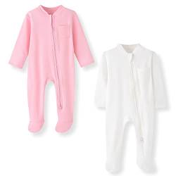 BINIDUCKLING Baby-Jungen Mädchen Schlafanzug - 2-Wege-Reißverschluss, Baumwolle, mit Füßen, 2er-Pack - Baby Schlafstrampler für Neugborene 9-12 Monate, Rosa&Cream-Weiß von BINIDUCKLING