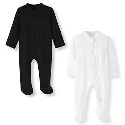 BINIDUCKLING Baby-Jungen Mädchen Schlafanzug - 2-Wege-Reißverschluss, Baumwolle, mit Füßen, 2er-Pack - Baby Schlafstrampler für Neugborene 9-12 Monate, Schwarz&Cream-Weiß von BINIDUCKLING