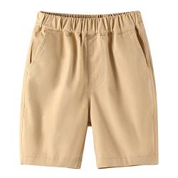 BINIDUCKLING Jungen Sommer Elastische Taille Kurze Hose - Schuluniformen Pull-on Shorts (Khaki,140/8-9 Years) von BINIDUCKLING