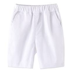BINIDUCKLING Jungen Sommer Elastische Taille Kurze Hose - Schuluniformen Pull-on Shorts (Weiß,110/4 Years) von BINIDUCKLING