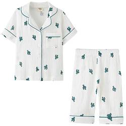 BINIDUCKLING Kurzer Sommer Mädchen Schlafanzug mit Knöpfen, Baumwoll Kinder Zweiteiliger Mädchen Pyjamas Set (3-7 Jahre)(Weißer Kaktus, 5 Jahre) von BINIDUCKLING