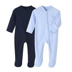 BINIDUCKLING Neugeborenes Säugling Klassische Schlafanzug 2er Pack Baby Junge Mädchen Reißverschluss Strampler-Set,Marineblau+Hellblau,3 Monate von BINIDUCKLING