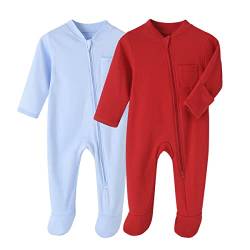 BINIDUCKLING Neugeborenes Säugling Klassische Schlafanzug 2er Pack Baby Junge Mädchen Reißverschluss Strampler-Set,Rot+Hellblau,6 Monate von BINIDUCKLING