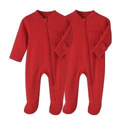 BINIDUCKLING Neugeborenes Säugling Klassische Schlafanzug 2er Pack Baby Junge Mädchen Reißverschluss Strampler-Set,Rot,9 Monate von BINIDUCKLING