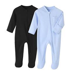 BINIDUCKLING Neugeborenes Säugling Klassische Schlafanzug 2er Pack Baby Junge Mädchen Reißverschluss Strampler-Set,Schwarz+Hellblau,6 Monate von BINIDUCKLING