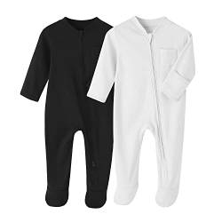 BINIDUCKLING Neugeborenes Säugling Klassische Schlafanzug 2er Pack Baby Junge Mädchen Reißverschluss Strampler-Set,Schwarz+Weiß,12 Monate von BINIDUCKLING