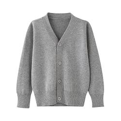 BUNIDUCKLING Mädchen Langarm Strickjacke mit Knöpfen - V-Ausschnitt Kinder Cardigan Baumwolle Schuluniform (Hell Grau, 150) von BINIDUCKLING