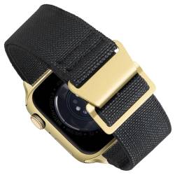 BINLUN Kompatibel mit Apple Watch Uhrenarmbänder Nylon Elastisches Nylon-Armbänder Militär 3-Farbige Hakenverschluss Kompatibel für iwatch 9/8/7/6/5/4/3/2/1/SE (Schwarz,Goldener Schnalle,42mm/44mm) von BINLUN