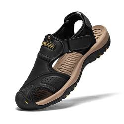 Sandalen für Herren Leder Wandersandalen Athletic Walking Sport Angler Strandschuhe Geschlossene Zehen Wassersandalen, Schwarz, 41 EU von BINSHUN