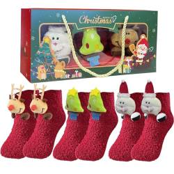 3 Paar weihnachtssocken kinder,Elch Weihnachtsmann Weihnachtsbaumsocken warm antirutschsocken kinder Flauschige socken geschenke weihnachten kinder für 2-12 Jahre alt mit Geschenk Box von BINXWA