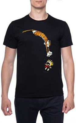 Funny Calvin and Hobbes Männer T-Shirt Schwarz Rundhals Men Black Round Neck von BIOCLOD
