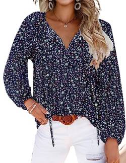 BIOHANBLE Damen Sommer Süße Blumenmuster Rüschen Kurzarm und Langarm V-Ausschnitt Casual Boho Lose Damen Tops Shirts Blusen, Marineblaue Blume, Small von BIOHANBLE