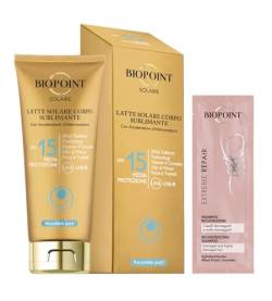 Biopoint Solaire Sonnenmilch für den Körper, sublimierend, LSF 15, mit Bräunungsbeschleunigung, antioxidativ und feuchtigkeitsspendend, 200 ml, mit Proben-Shampoo Extreme Repair 10 ml von BIOPOINT