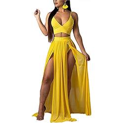 BISKAMY Damen Abendkleid Sommerkleid Sexy V-Ausschnitt Lange Schlinge Kleid Frauen Chiffon 2 Teiler Kleid mit Schlitz Partykleid Kleidung Maxikleid von BISKAMY