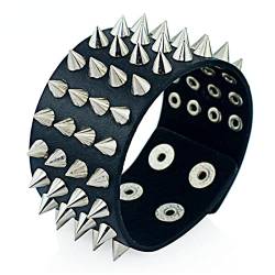 BISONBLUE Armbänder Damen Armband Bracelets Frauen Einzigartige Vierreihige Cuspidal Spikes Rivet Stud Wide Cuff Leder Punk Gothic Rock Unisex Armreif von BISONBLUE