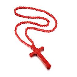 BISONBLUE Halskette Herren Anhänger Chain Ketten Dame Geschenk Lange Halskette, Großer Holz-Jesus-Christus-Kreuz-Anhänger Mit Holzperlen, Pullover-Kette, Männlich, Rot von BISONBLUE
