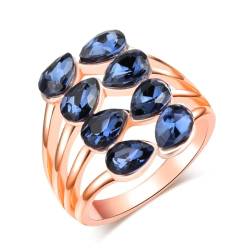 BISONBLUE Ringe Damen Rings Frauen Geschenk Modeaccessoires Blauer Kristallring für Damen, modischer geometrischer mehrschichtiger Ehering im Vintage-Stil von BISONBLUE