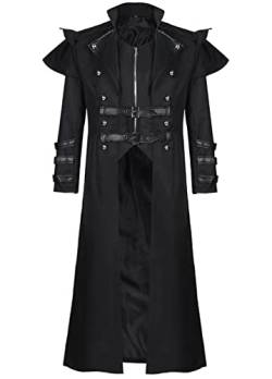 BITSEACOCO Herren Steampunk-Frack-Kostüm, mittelalterlicher Gothic-Langer Trenchcoat, viktorianischer zweireihiger Reißverschluss, Punk-Jacke, schwarz, Small von BITSEACOCO