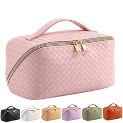 BIVIZKU Große tragbare Make-up-Tasche, tragbare Reise-Kosmetiktasche für Frauen und Mädchen, Geschenk, Make-up-Tasche, tragbare Reißverschlusstasche, Rosa-gewebt, Classic von BIVIZKU