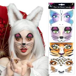 Gesichtstattoo Leopard, 4 Stück Animal Gesicht Aufkleber - Leoparden, Tiger, Katzen und Schmetterlings Designs - Realistische Temporäre Tattoos für Karneval, Halloween, Kinder und Erwachsene von BIVOFU
