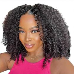 Perücke Afro lockige, leimlose U-Teil-Perücke, verworrene lockige V-Teil-Bob-Perücke, Echthaar, keine Spitze, V-Teil-Haarperücken für Frauen, 180 Dichte von BIVVI