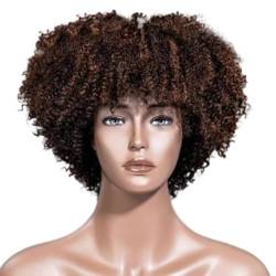 Perücke Braune Afro-Perücke, verworren, lockig, für schwarze Frauen, Echthaar, gelockt, O-Kopfhaut-Oberseite, volle Maschinellperücke mit Pony, ohne Spitze, ohne Kleber von BIVVI