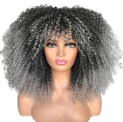 Perücke Kurze Afro-Lockenperücke mit Pony, synthetische afrikanische, leimlose, flauschige schwarze Ombre-Braun-Locken-Damenperücken von BIVVI