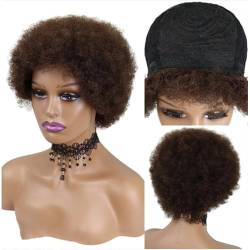 Perücke Kurze Afro-Perücke, verworren, lockig, brasilianisches Echthaar, kurze Perücken, 150% Dichte, für Frauen, Schwarzbraun von BIVVI