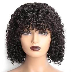 Perücke Kurze lockige Bob-Perücken mit Pony für schwarze Frauen, 150% Dichte, Jerry-Locken-Echthaar-Perücke mit Pony, klebefrei, keine Lace-Front-Perücke von BIVVI