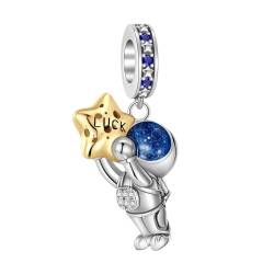 BIZK Astronaut, Stern und Glück Charm-Anhänger für Armband 925 Sterling Silber Charm Bead Pendant für Europäische Armbänder und Halsketten von BIZK