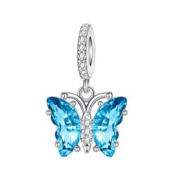 BIZK Blauer Murano-Glas Schmetterling Charm-Anhänger für Armband 925 Sterling Silber Charm Bead Pendant für Europäische Armbänder und Halsketten von BIZK