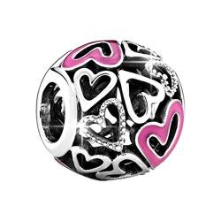 BIZK Damen Pink Herz Charm Anhänger für Armband 925 Sterling Silber Charm Bead Pendant für Europäische Armbänder und Halsketten (Pink Herz) von BIZK