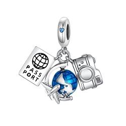 BIZK Damen Reisepass & Weltkugel & Kamera Charm Anhänger für Armband 925 Sterling Silber Charm Bead Pendant für Europäische Armbänder und Halsketten (Reisepass & Weltkugel & Kamera) von BIZK