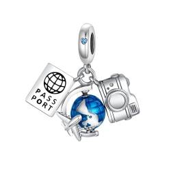 BIZK Reisepass,Erde & Kamera Charm-Anhänger für Armband 925 Sterling Silber Charm Bead Pendant für Europäische Armbänder und Halsketten von BIZK