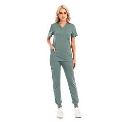 BJJH Outdoor Arbeitskleidung Pflege Damen Schlupfkasack Schlupfhose Set Uniform mit Oberteil und Hose Einfarbig V-Ausschnitt Kasack Kurzarm Berufsbekleidung Zwei Taschen von BJJH Outdoor