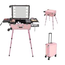 BJTDLLX Kosmetikkoffer Make Up Koffer Trolley 4 in 1 Friseurkoffer Kosmetikorganiser Multikoffer mit Bluetooth, Deluxe Groß Schminkkoffer mit Rollen, Protable Trolley Salon Station - Pink von BJTDLLX