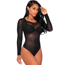 BKEPDY Body Damen Langarm Sheer Mesh Bodysuit Sexy Damenbody Tops Elegant Rundhals Stretch Schmal Oberteil Unterziehbody Jumpsuit für Frauen von BKEPDY