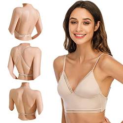 BKEPDY Damen BH mit Tiefem Rücken für Frauen Deep V Multiway Plunge Bra Push-Up BH Unterwäsche Rückenfreier BHS Unterwäsche Abnehmbar Wandelbarer Träger (Beige L (36/80ABC)) von BKEPDY