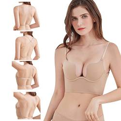 BKEPDY Damen BH ohne Buegel Tiefer V-förmiger Push Up BH Komfort Glättende Frau Nahtlos BHS Sexy Tief Ausgeschnittene Unterwäsche mit Wandelbaren Transparenten Trägern (Haut 34/75AB) von BKEPDY