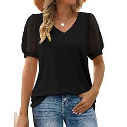 BKEPDY Damen Bluse Kurzarm Oberteile Tshirt Damen Elegant Puff-Kurzarm Tops Schweizer Punkte Chiffon Blusen Damen Sommer Bluse Tops (Schwarz XXL) von BKEPDY