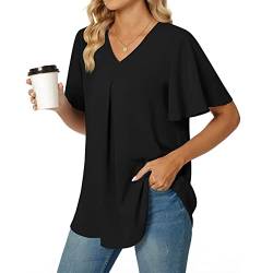 BKEPDY Damen Bluse Kurzarm T-Shirts V-Ausschnitt Elegant Sommer Tunika Tops Oberteile Lässige Sexy Chiffon Tops Lockere Oberteile Top Hemd Shirts (Schwarz L) von BKEPDY