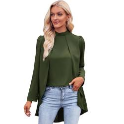 BKEPDY Damen Blusen CasualLangarm Oberteile Elegant Business Chiffonbluse Schluppenshirt Stehkragen mit Rüschen Langarmshirts Knöpfen Festlich Tops (Grün M) von BKEPDY