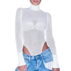 BKEPDY Damen Body Sexy Sheer Mesh Langarm Bodysuit Rollkragen Unterzieh-Body Stretch Elegant Langarmbody Jumpsuit T Shirt Overall für Frauen von BKEPDY