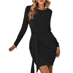 BKEPDY Damen Lange Ärmel Kleid Bodycon Elegant Ärmellos Rundhals Knielang Kleider Casual Einfarbig Figurbetontes Kordelzug Midikleider(L) von BKEPDY